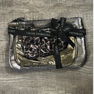 Victoria's Secret 3 Piece Cosmetic Bag Set Silver Gold Leopard Metallic NEW